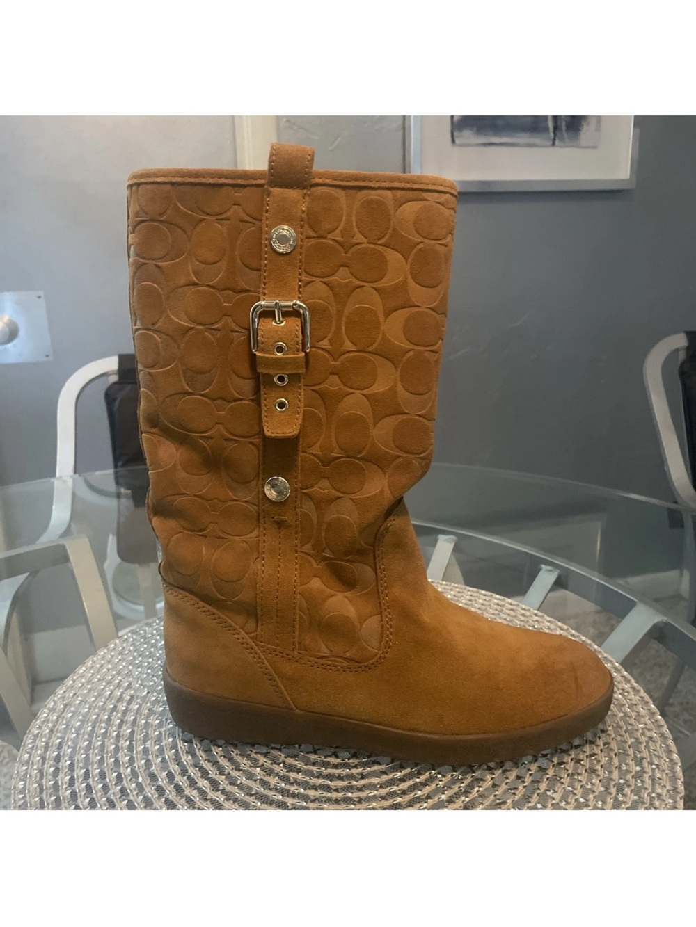 Coach Woman’s Tan Suede shearling Logo Mid-Calf Boot size 8.5 VGUC